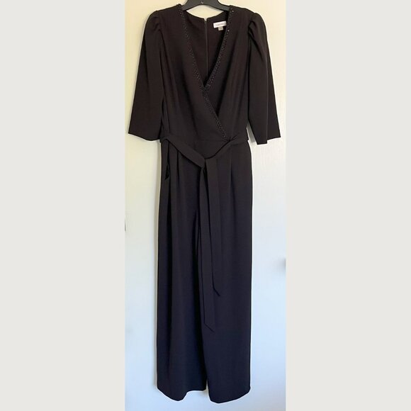Calvin Klein Women's Black Surplice V Neck Rhinestone Jumpsuit Plus Sleeves 14W - Picture 4 of 16